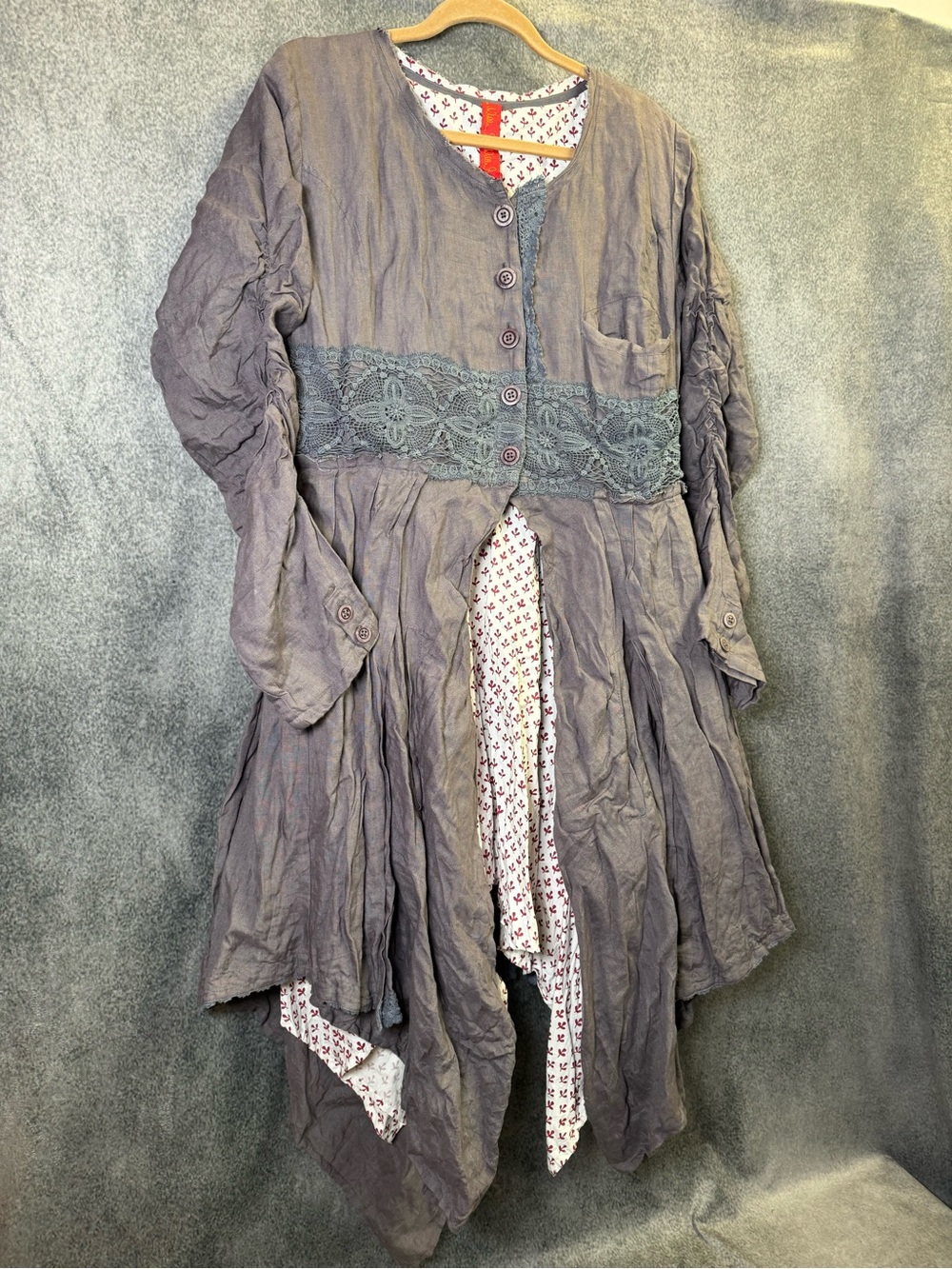Ewa I Walla Asymmetrical Lace-Trim Women's Linen Jacket in Slate Gray Blue Sz M